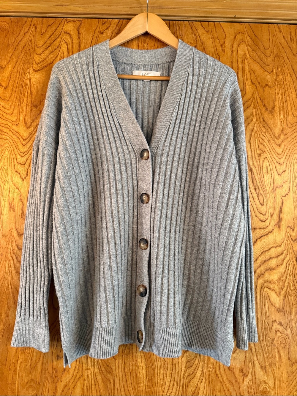LOFT Heather Gray Ribbed V-Neck Button Cardigan